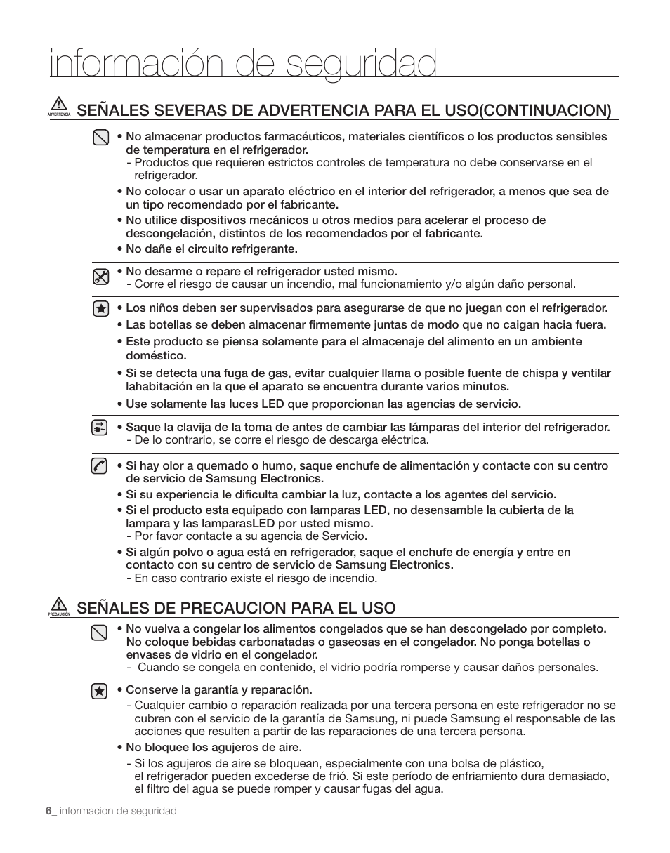 Información de seguridad, Señales de precaucion para el uso | Samsung RS263TDPN-XAA User Manual | Page 40 / 68