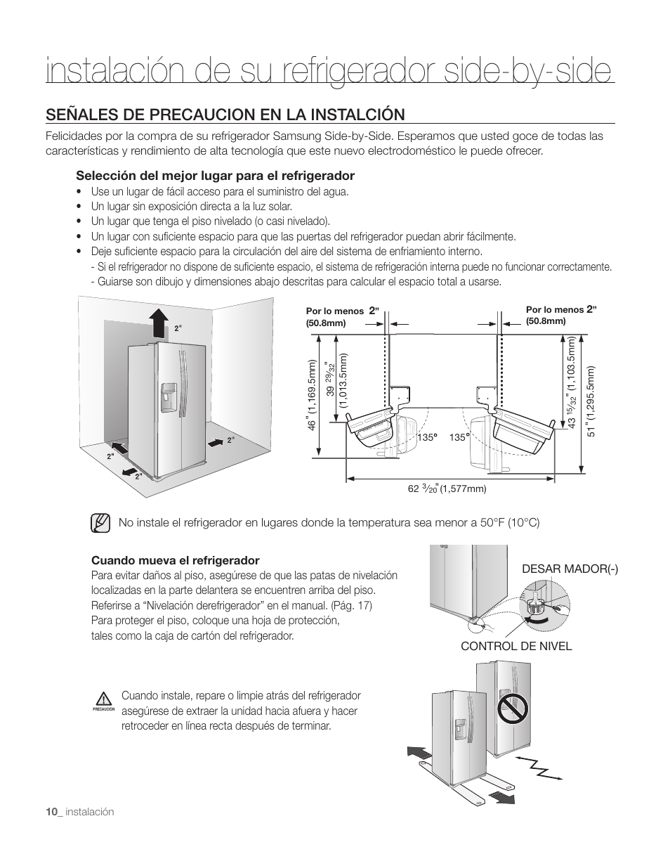 Instalación de su refrigerador side-by-side, Señales de precaucion en la instalción, Selección del mejor lugar para el refrigerador | Samsung RS263TDPN-XAA User Manual | Page 44 / 68