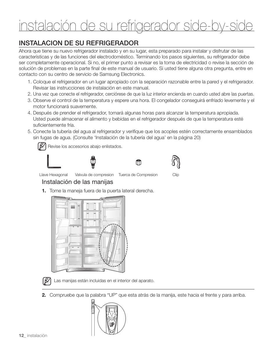 Instalación de su refrigerador side-by-side, Instalacion de su refrigerador, Instalación de las manijas | Samsung RS263TDPN-XAA User Manual | Page 46 / 68