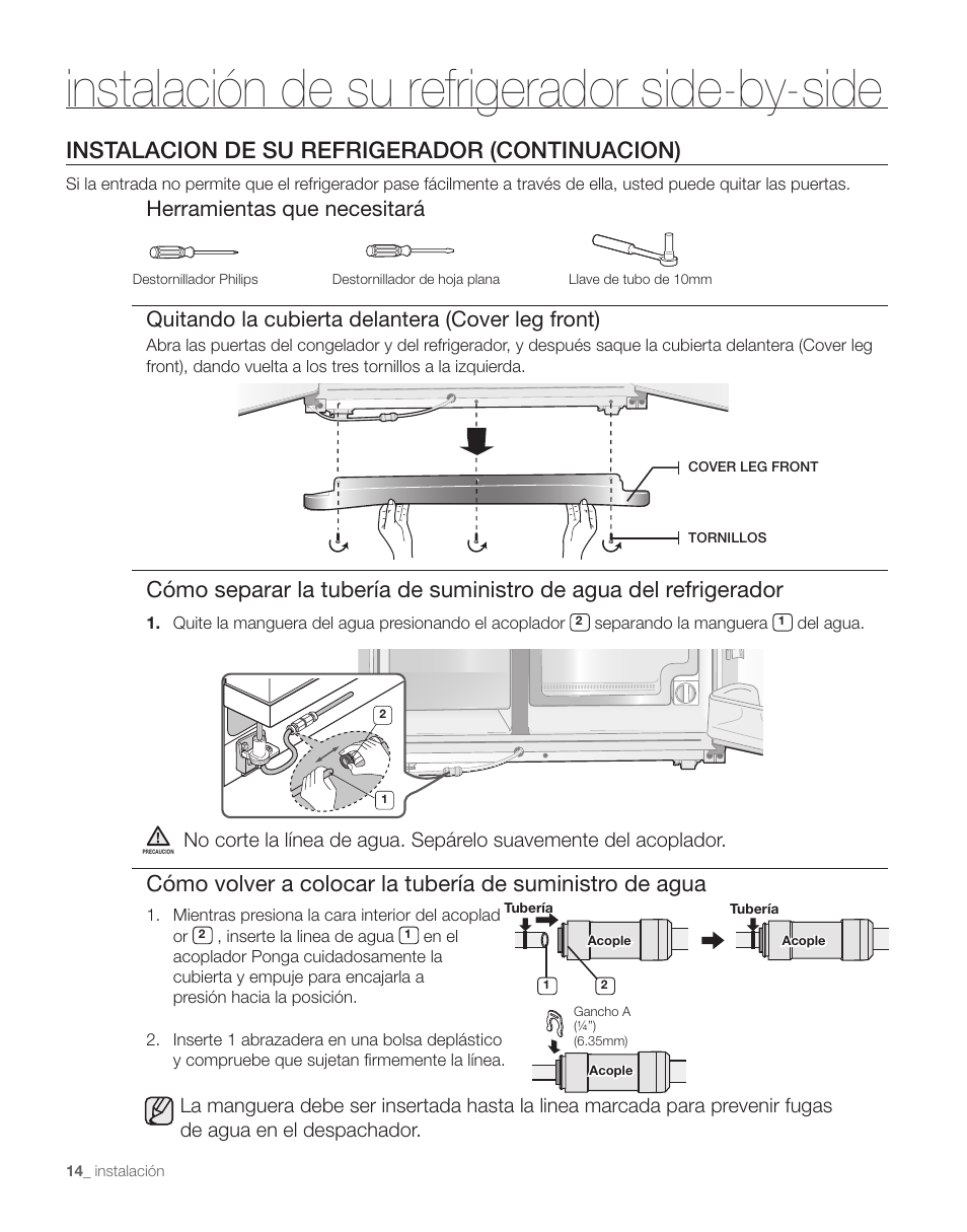 Instalación de su refrigerador side-by-side, Instalacion de su refrigerador (continuacion) | Samsung RS263TDPN-XAA User Manual | Page 48 / 68