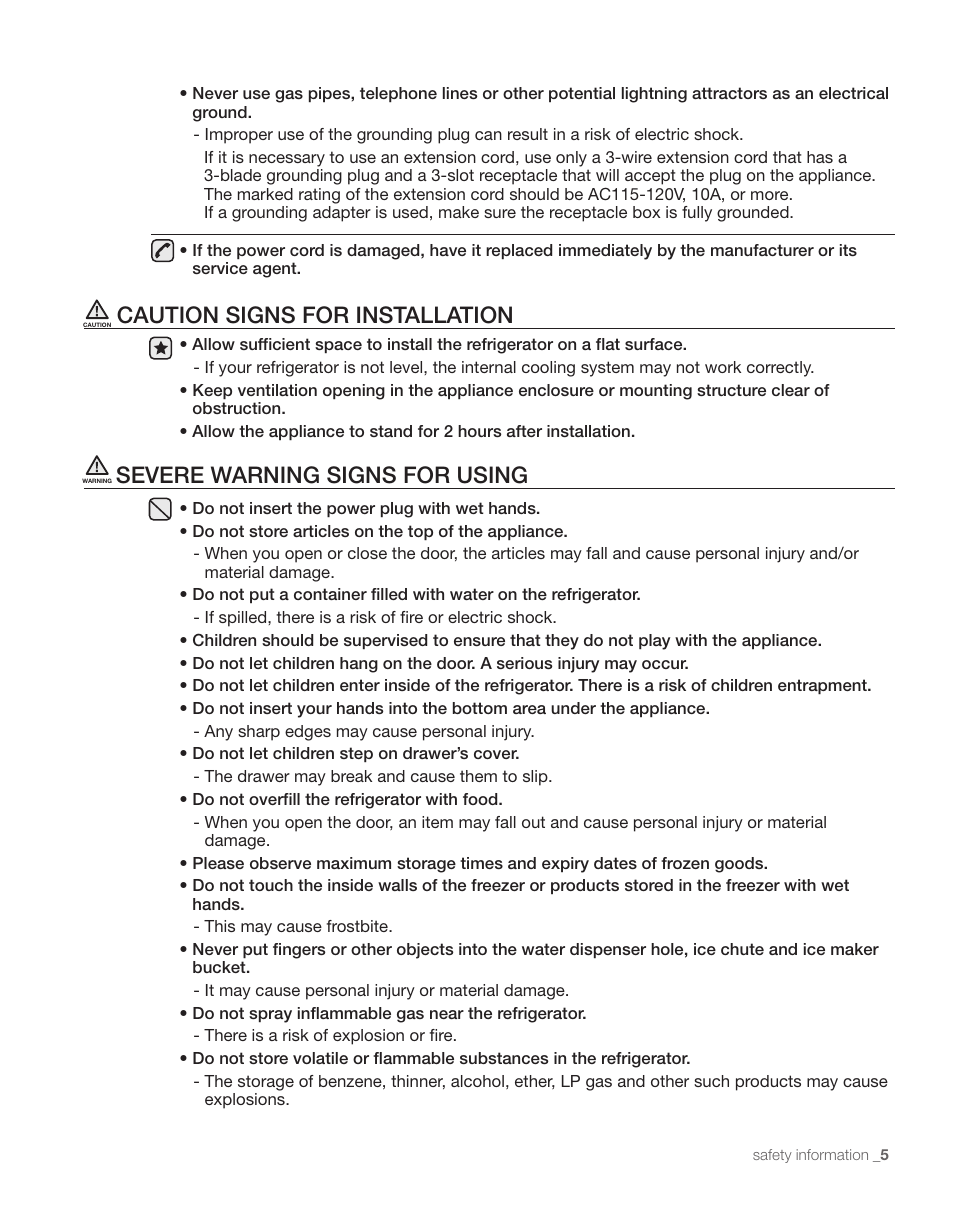 Caution signs for installation, Severe warning signs for using | Samsung RS263TDPN-XAA User Manual | Page 5 / 68