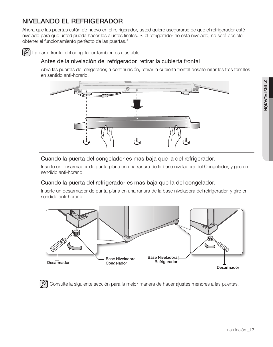 Nivelando el refrigerador | Samsung RS263TDPN-XAA User Manual | Page 51 / 68
