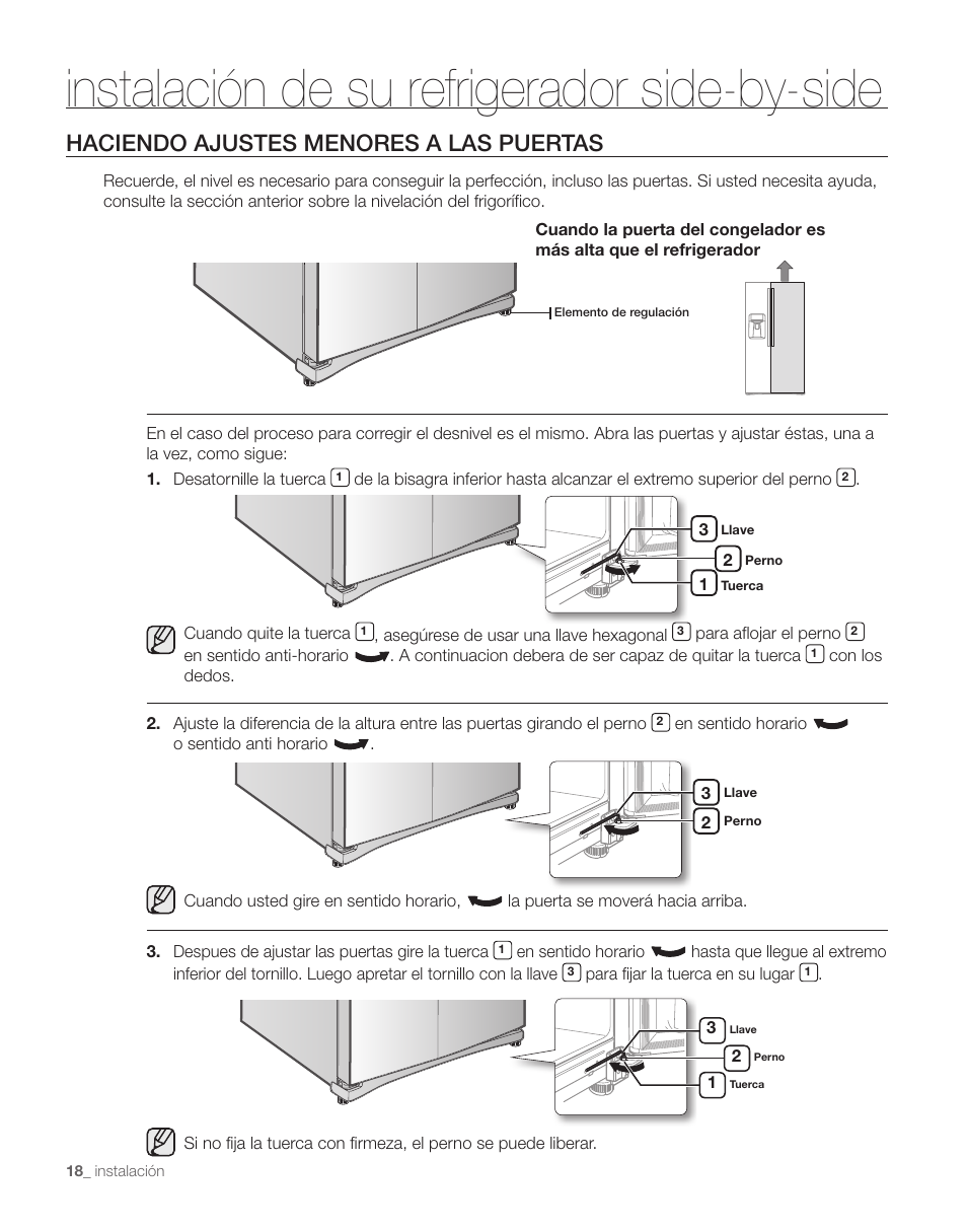 Instalación de su refrigerador side-by-side, Haciendo ajustes menores a las puertas | Samsung RS263TDPN-XAA User Manual | Page 52 / 68