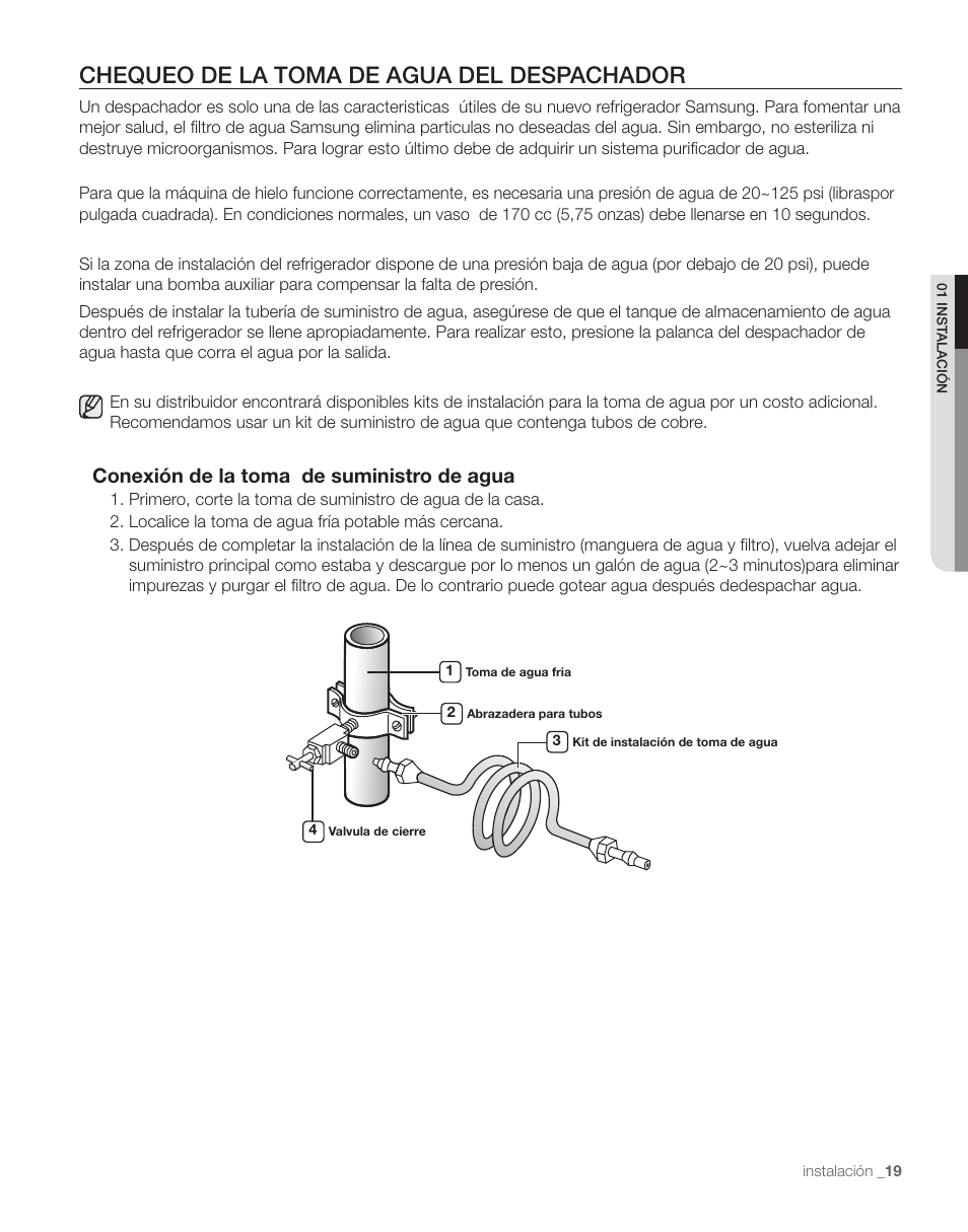 Chequeo de la toma de agua del despachador, Conexión de la toma de suministro de agua | Samsung RS263TDPN-XAA User Manual | Page 53 / 68