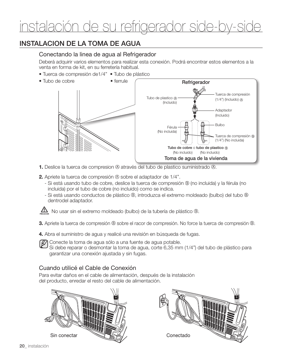 Instalación de su refrigerador side-by-side, Instalacion de la toma de agua | Samsung RS263TDPN-XAA User Manual | Page 54 / 68