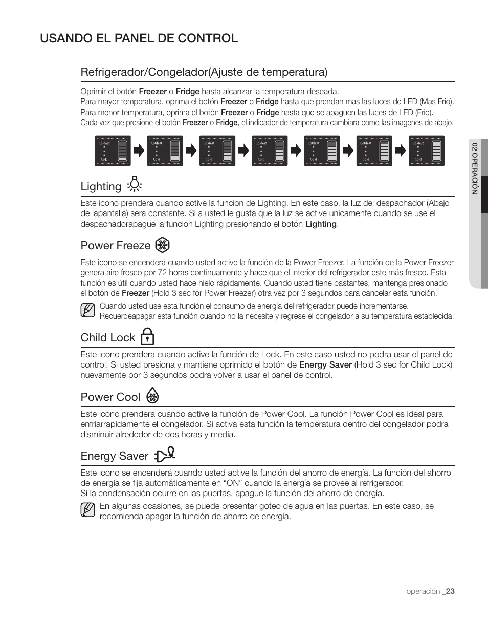 Usando el panel de control, Refrigerador/congelador(ajuste de temperatura), Lighting | Power freeze, Child lock, Power cool, Energy saver | Samsung RS263TDPN-XAA User Manual | Page 57 / 68