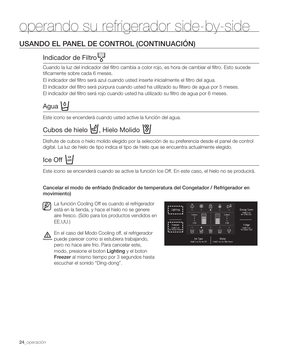 Operando su refrigerador side-by-side, Usando el panel de control (continuación) | Samsung RS263TDPN-XAA User Manual | Page 58 / 68