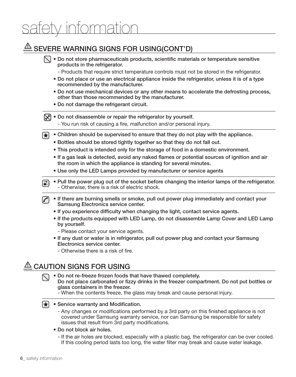 Safety information, Caution signs for using, Severe warning signs for using(cont’d) | Samsung RS263TDPN-XAA User Manual | Page 6 / 68