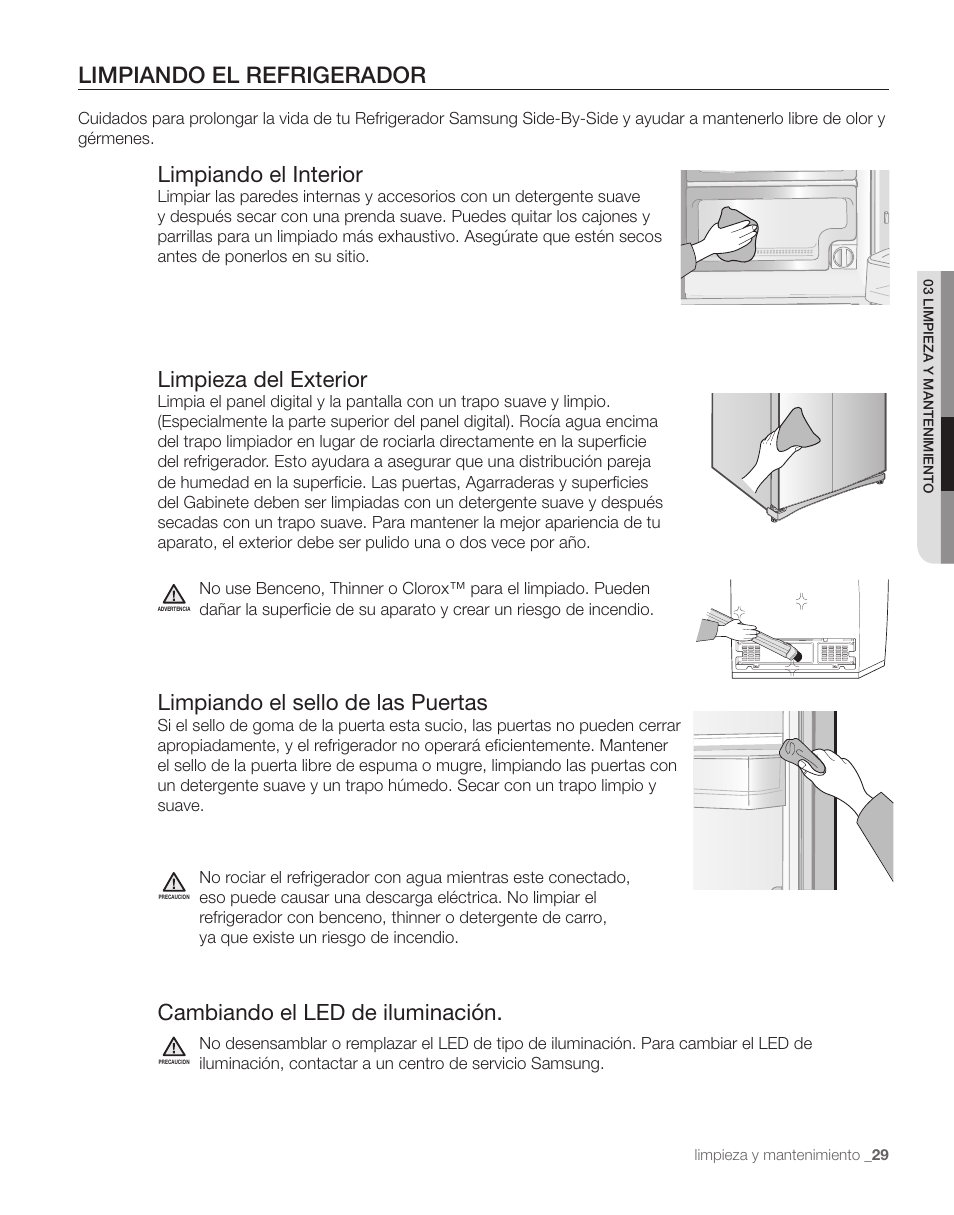 Limpiando el refrigerador, Limpiando el interior, Limpieza del exterior | Limpiando el sello de las puertas, Cambiando el led de iluminación | Samsung RS263TDPN-XAA User Manual | Page 63 / 68