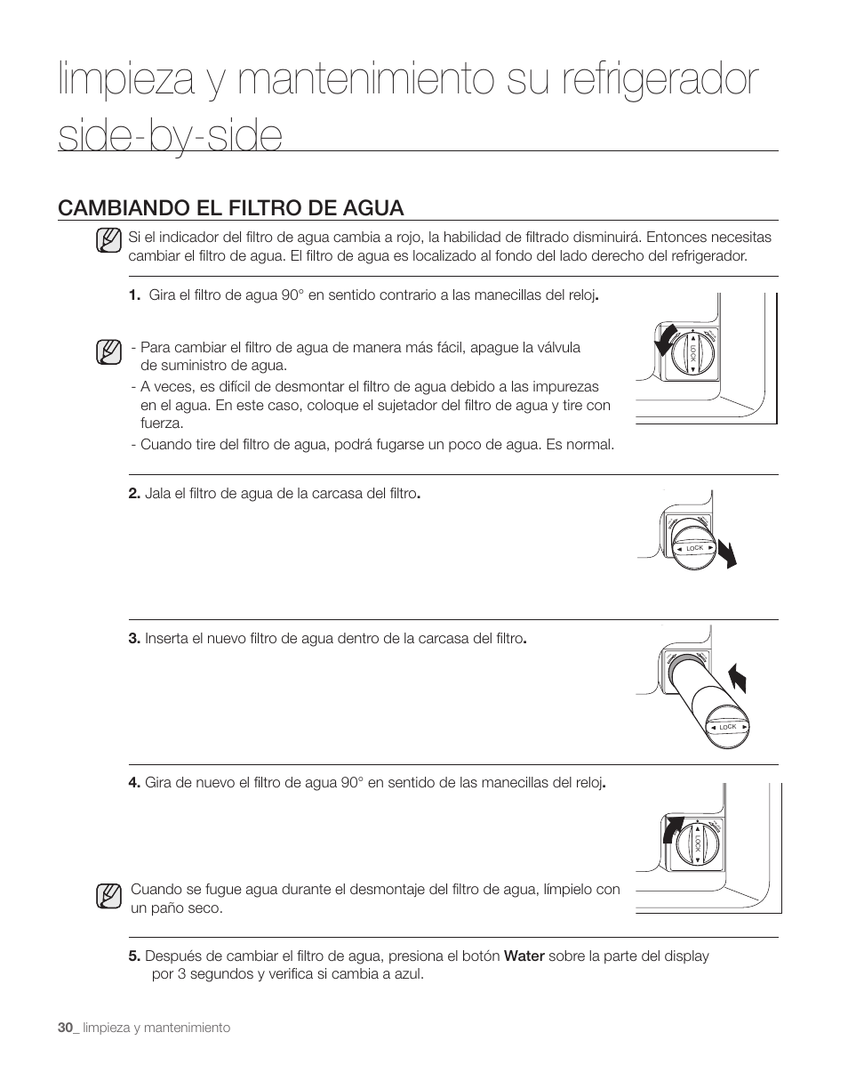 Cambiando el filtro de agua, Limpieza y mantenimiento | Samsung RS263TDPN-XAA User Manual | Page 64 / 68