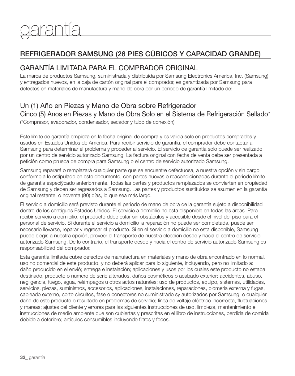 Garantía | Samsung RS263TDPN-XAA User Manual | Page 66 / 68
