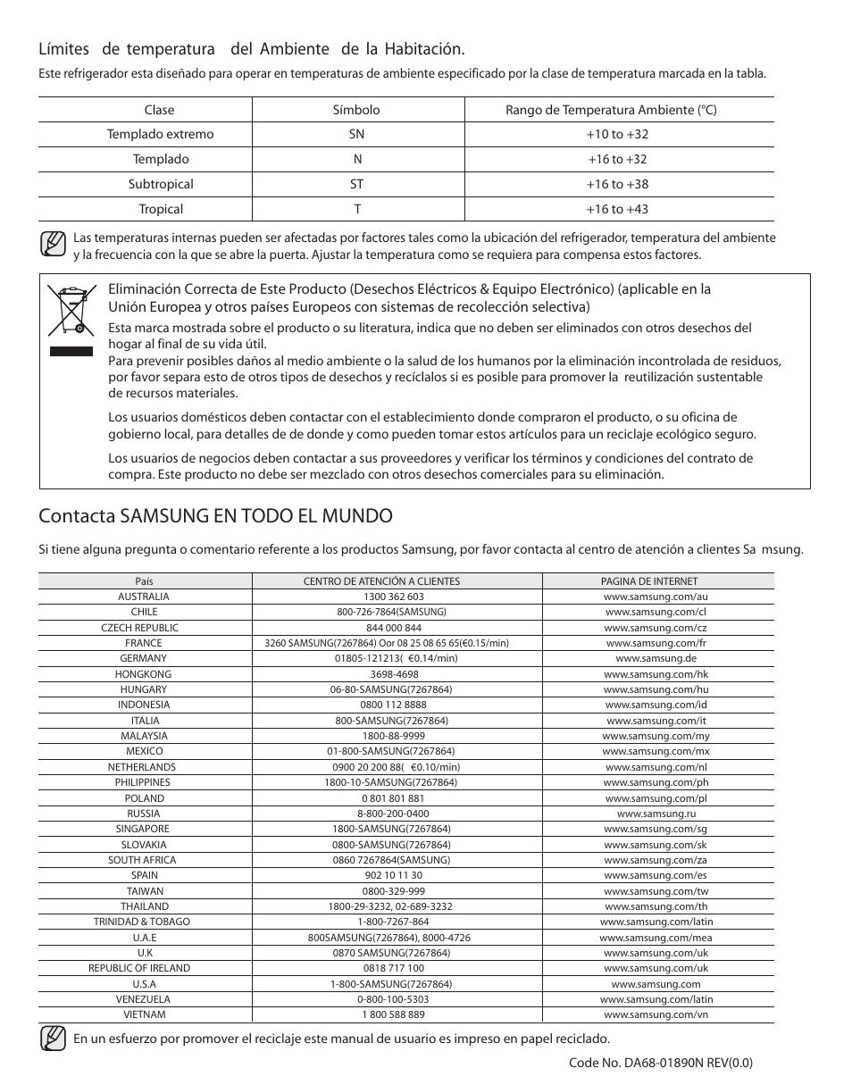 Contacta samsung en todo el mundo | Samsung RS263TDPN-XAA User Manual | Page 68 / 68