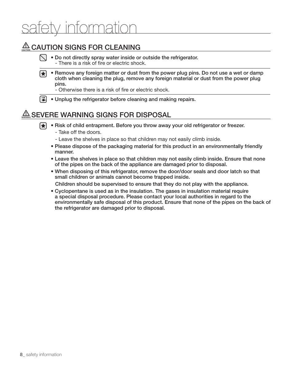 Safety information, Caution signs for cleaning, Severe warning signs for disposal | Samsung RS263TDPN-XAA User Manual | Page 8 / 68