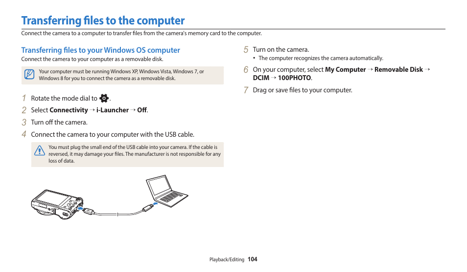 Transferring files to the computer, Transferring files to your windows os computer, Transferring files to your windows os | Computer | Samsung EC-WB700ZBPBCA User Manual | Page 105 / 168