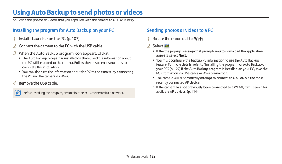 Using auto backup to send photos or videos, Installing the program for auto backup on your pc, Sending photos or videos to a pc | Samsung EC-WB700ZBPBCA User Manual | Page 123 / 168