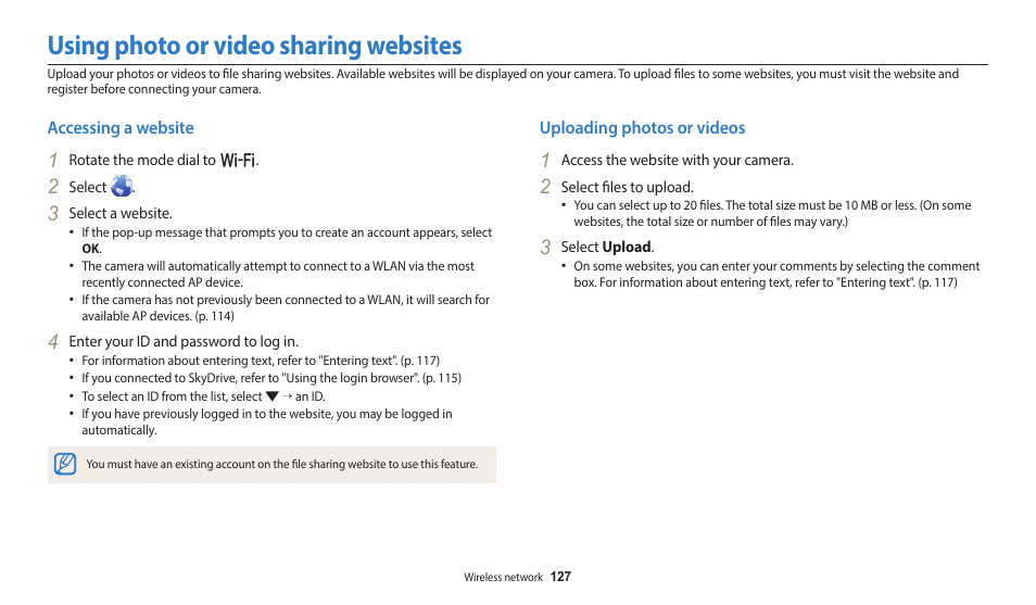 Using photo or video sharing websites, Accessing a website, Uploading photos or videos | Accessing a website uploading photos or videos | Samsung EC-WB700ZBPBCA User Manual | Page 128 / 168