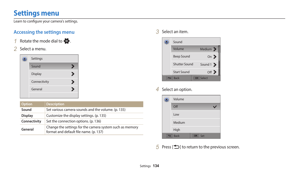 Settings menu, Accessing the settings menu | Samsung EC-WB700ZBPBCA User Manual | Page 135 / 168