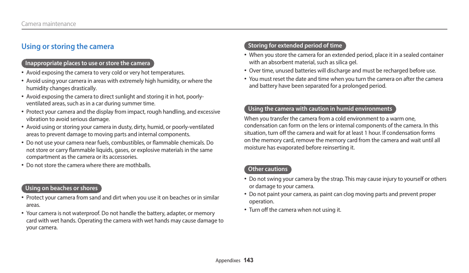 Using or storing the camera | Samsung EC-WB700ZBPBCA User Manual | Page 144 / 168
