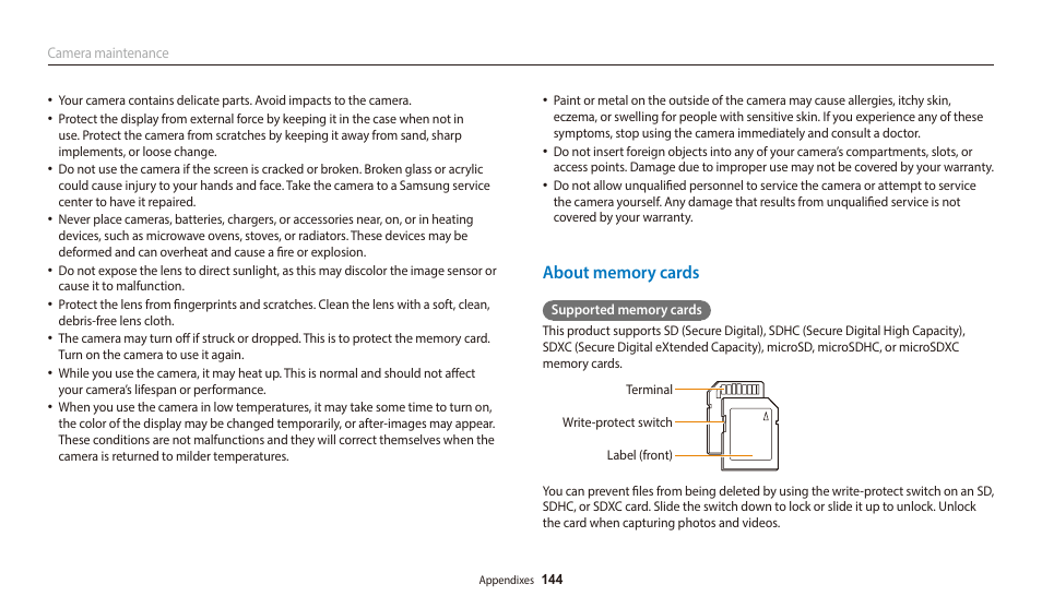 About memory cards | Samsung EC-WB700ZBPBCA User Manual | Page 145 / 168