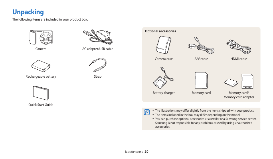 Unpacking | Samsung EC-WB700ZBPBCA User Manual | Page 21 / 168