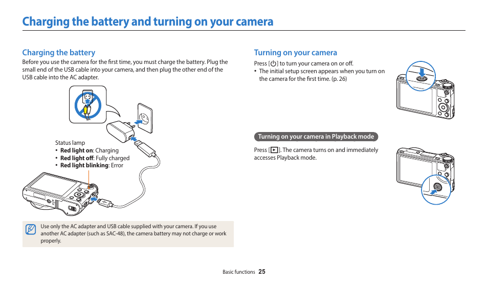 Charging the battery and turning on your camera, Charging the battery, Turning on your camera | Charging the battery turning on your camera | Samsung EC-WB700ZBPBCA User Manual | Page 26 / 168