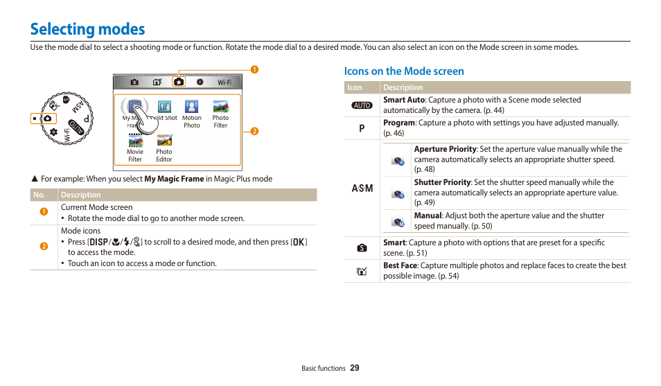 Selecting modes, Icons on the mode screen | Samsung EC-WB700ZBPBCA User Manual | Page 30 / 168