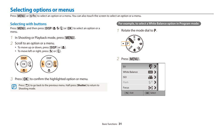 Selecting options or menus, Selecting with buttons | Samsung EC-WB700ZBPBCA User Manual | Page 32 / 168