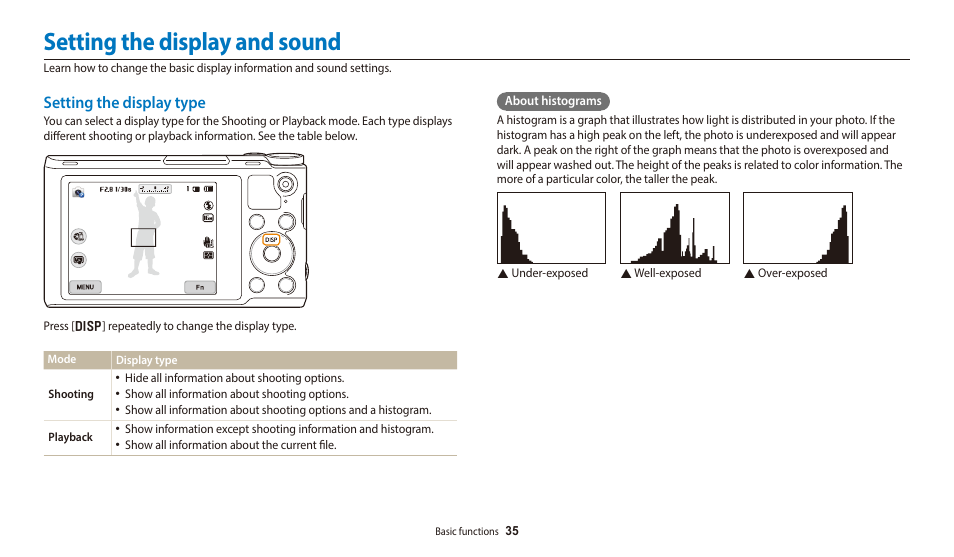 Setting the display and sound, Setting the display type | Samsung EC-WB700ZBPBCA User Manual | Page 36 / 168