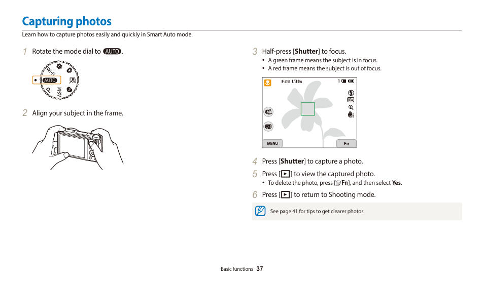Capturing photos | Samsung EC-WB700ZBPBCA User Manual | Page 38 / 168