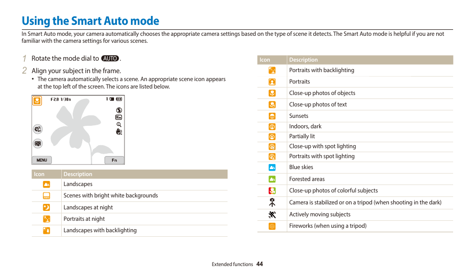 Using the smart auto mode | Samsung EC-WB700ZBPBCA User Manual | Page 45 / 168