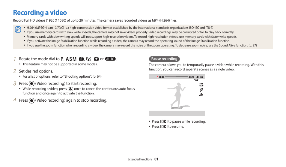 Recording a video | Samsung EC-WB700ZBPBCA User Manual | Page 62 / 168