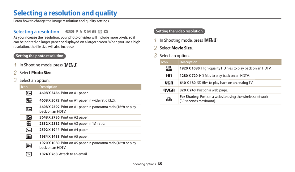 Selecting a resolution and quality, Selecting a resolution | Samsung EC-WB700ZBPBCA User Manual | Page 66 / 168