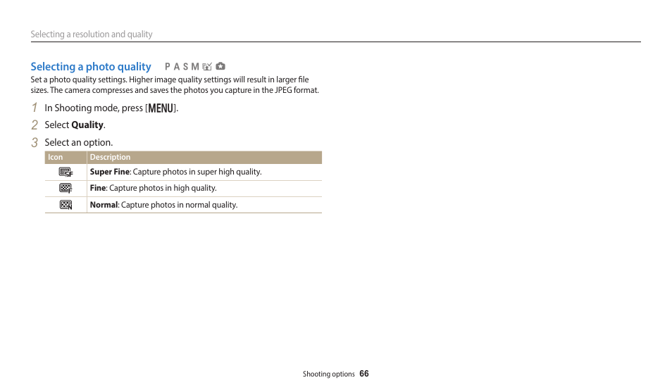 Selecting a photo quality | Samsung EC-WB700ZBPBCA User Manual | Page 67 / 168