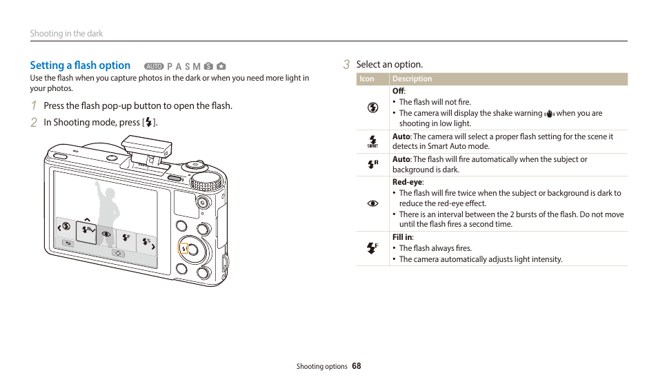 Setting a flash option | Samsung EC-WB700ZBPBCA User Manual | Page 69 / 168