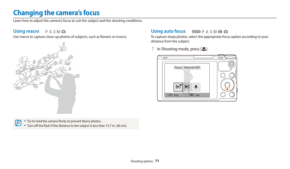 Changing the camera’s focus, Using macro, Using auto focus | Using macro using auto focus | Samsung EC-WB700ZBPBCA User Manual | Page 72 / 168