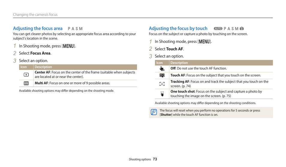 Adjusting the focus area, Adjusting the focus by touch | Samsung EC-WB700ZBPBCA User Manual | Page 74 / 168