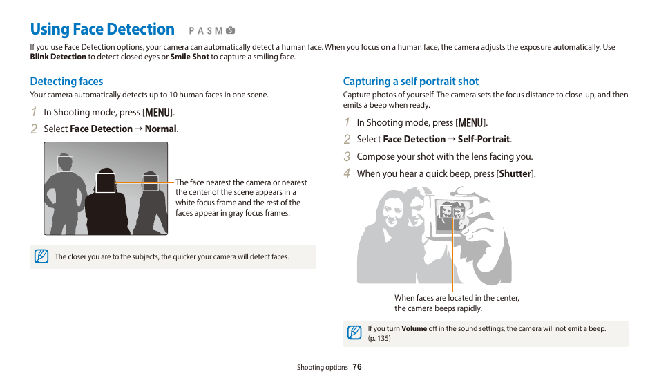 Using face detection, Detecting faces, Capturing a self portrait shot | Detecting faces capturing a self portrait shot | Samsung EC-WB700ZBPBCA User Manual | Page 77 / 168