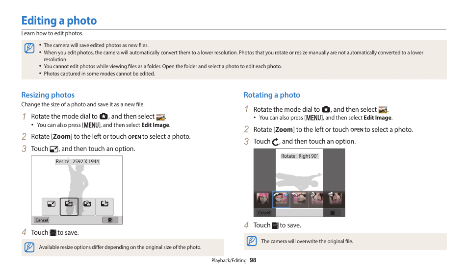 Editing a photo, Resizing photos, Rotating a photo | Resizing photos rotating a photo | Samsung EC-WB700ZBPBCA User Manual | Page 99 / 168