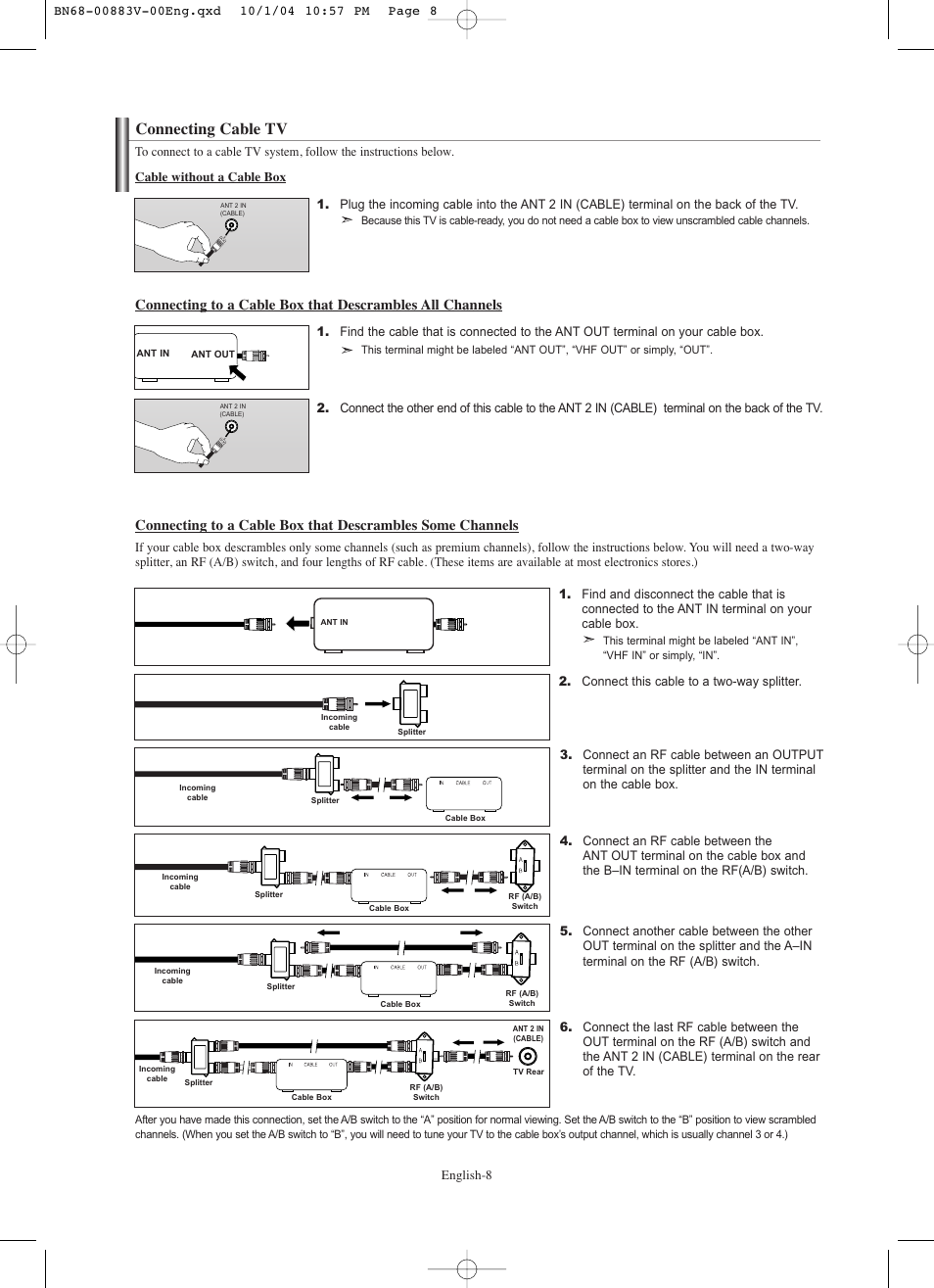 Connecting cable tv | Samsung LNS3238DX-XAA User Manual | Page 10 / 182