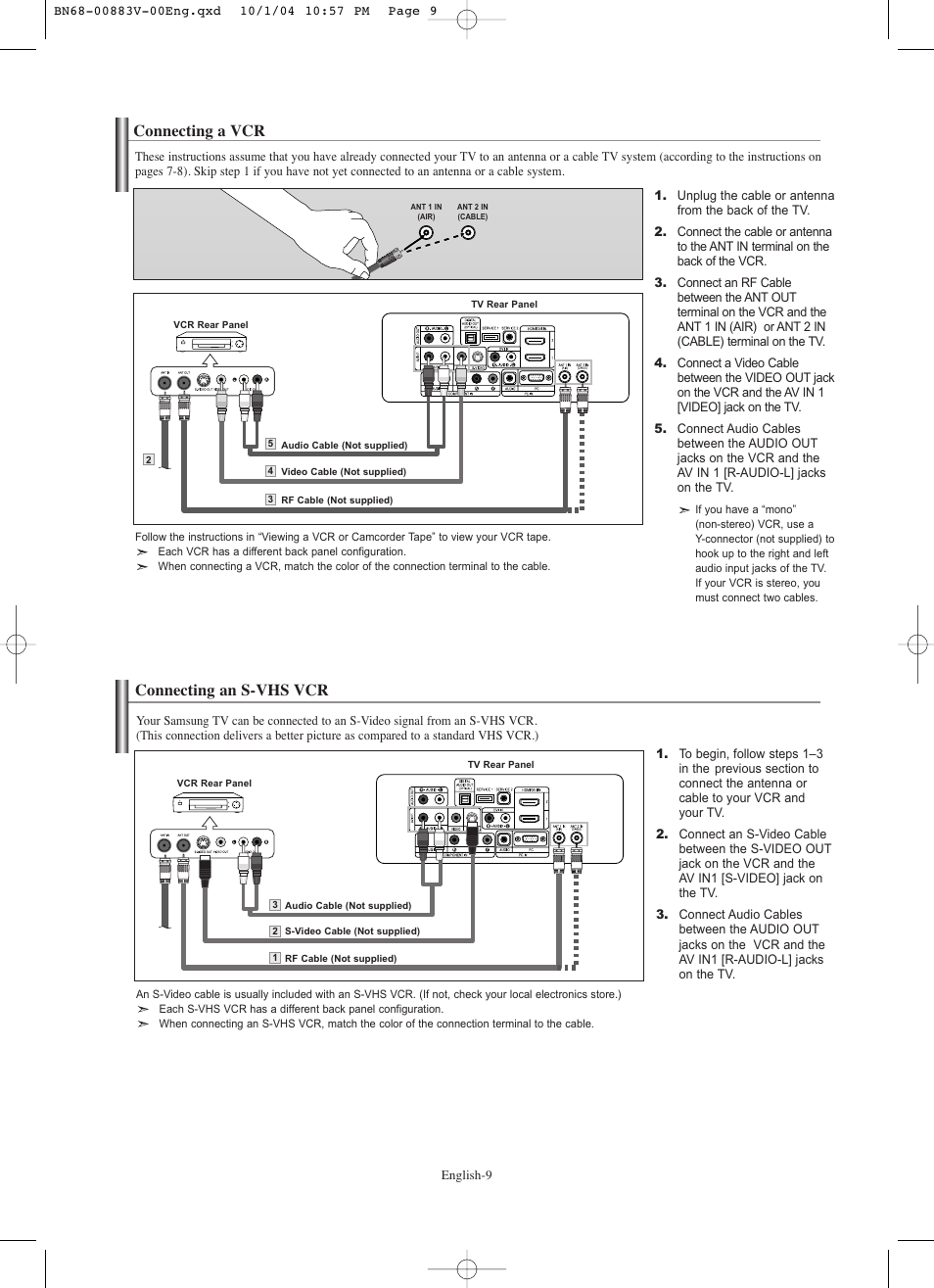 Connecting a vcr, Connecting an s-vhs vcr | Samsung LNS3238DX-XAA User Manual | Page 11 / 182