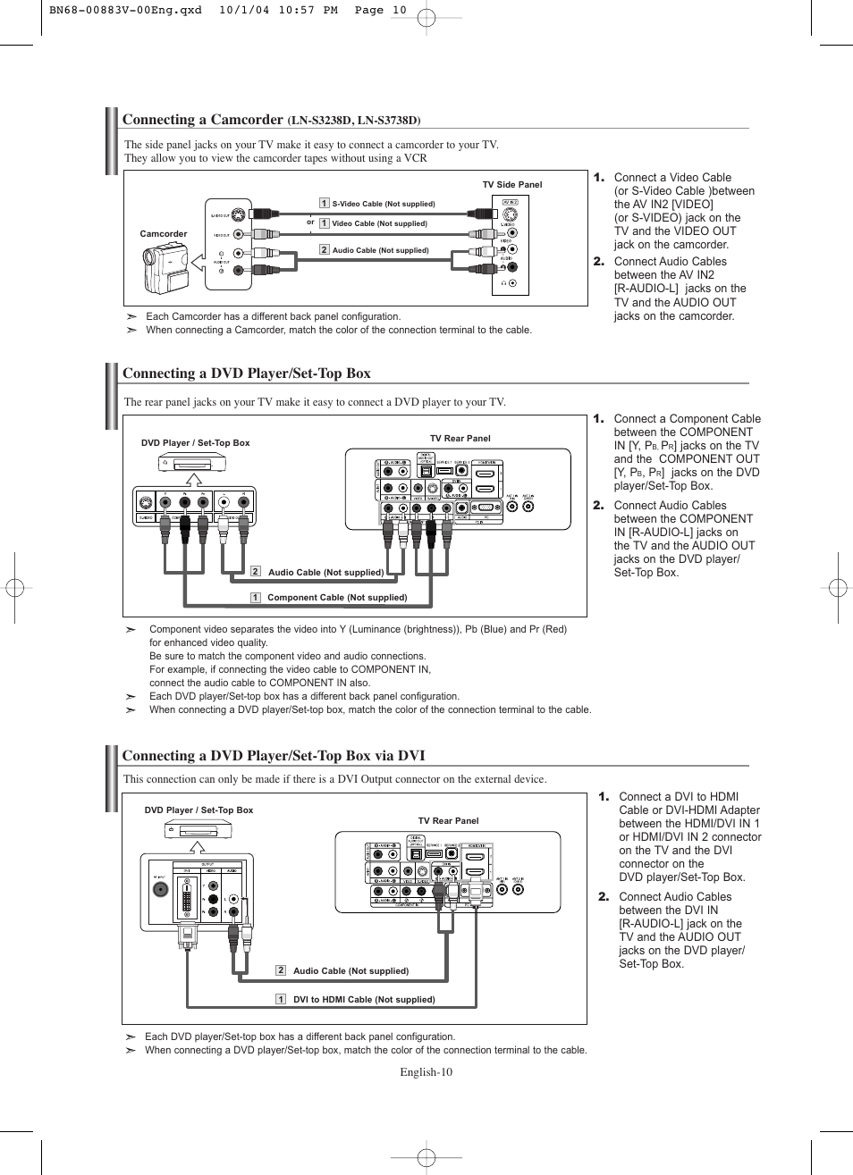 Connecting a camcorder (ln-s3238d, ln-s3738d), Connecting a dvd player/set-top box, Connecting a dvd player/set-top box via dvi | Connecting a camcorder | Samsung LNS3238DX-XAA User Manual | Page 12 / 182