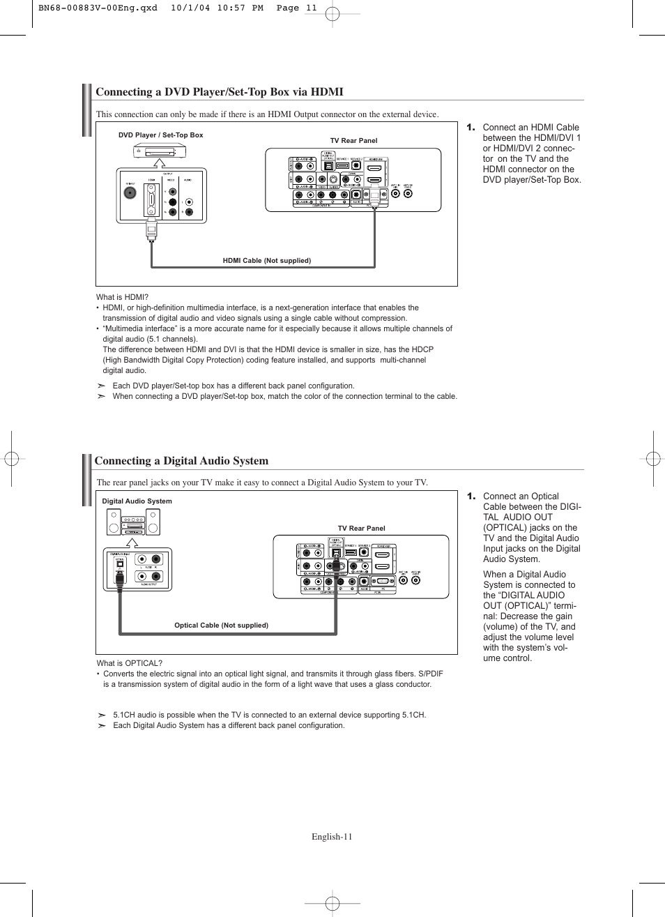 Connecting a dvd player/set-top box via hdmi, Connecting a digital audio system | Samsung LNS3238DX-XAA User Manual | Page 13 / 182