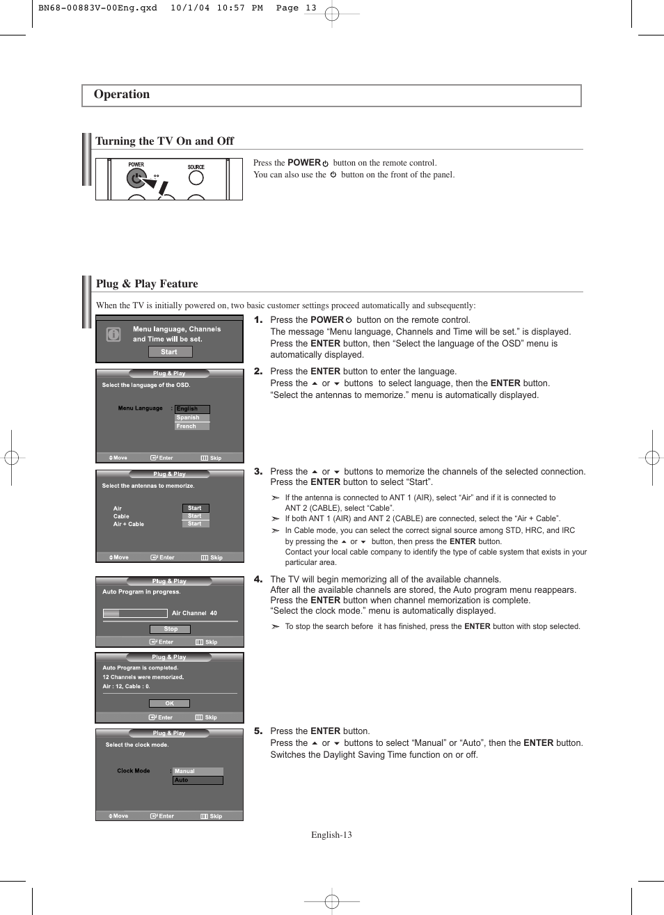 Operation, Turning the tv on and off, Plug & play feature | Samsung LNS3238DX-XAA User Manual | Page 15 / 182