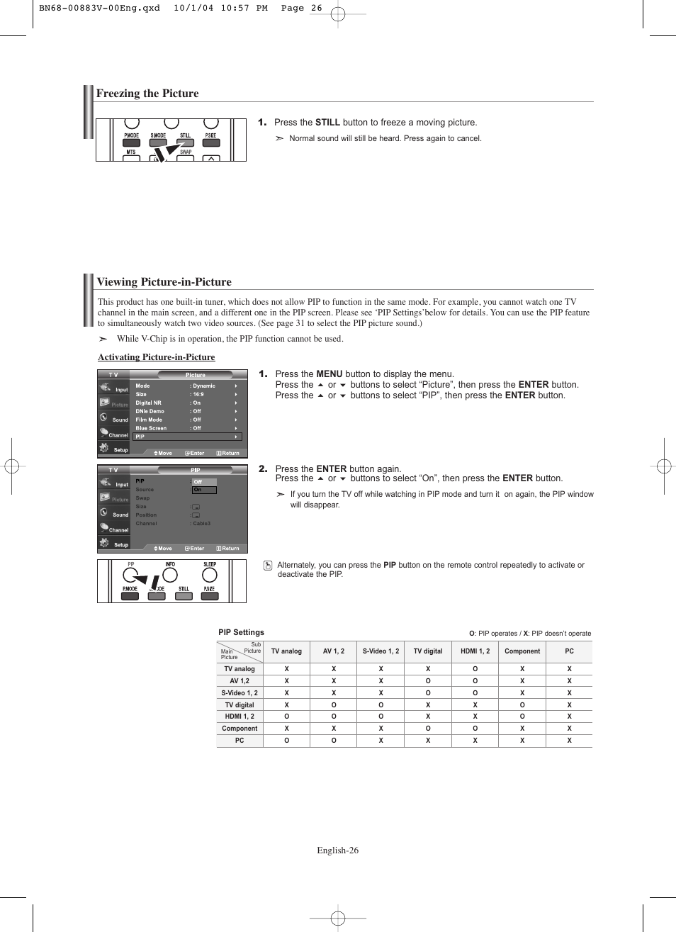 Freezing the picture, Viewing picture-in-picture | Samsung LNS3238DX-XAA User Manual | Page 28 / 182