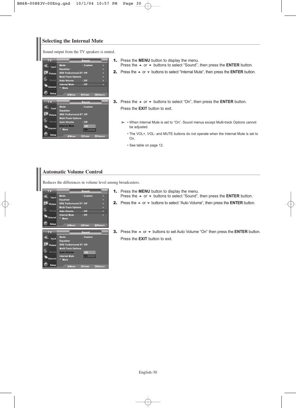 Selecting the internal mute, Automatic volume control | Samsung LNS3238DX-XAA User Manual | Page 32 / 182