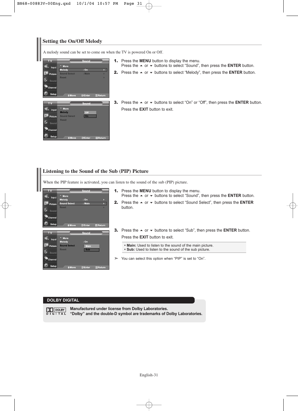 Setting the on/off melody, Listening to the sound of the sub (pip) picture | Samsung LNS3238DX-XAA User Manual | Page 33 / 182