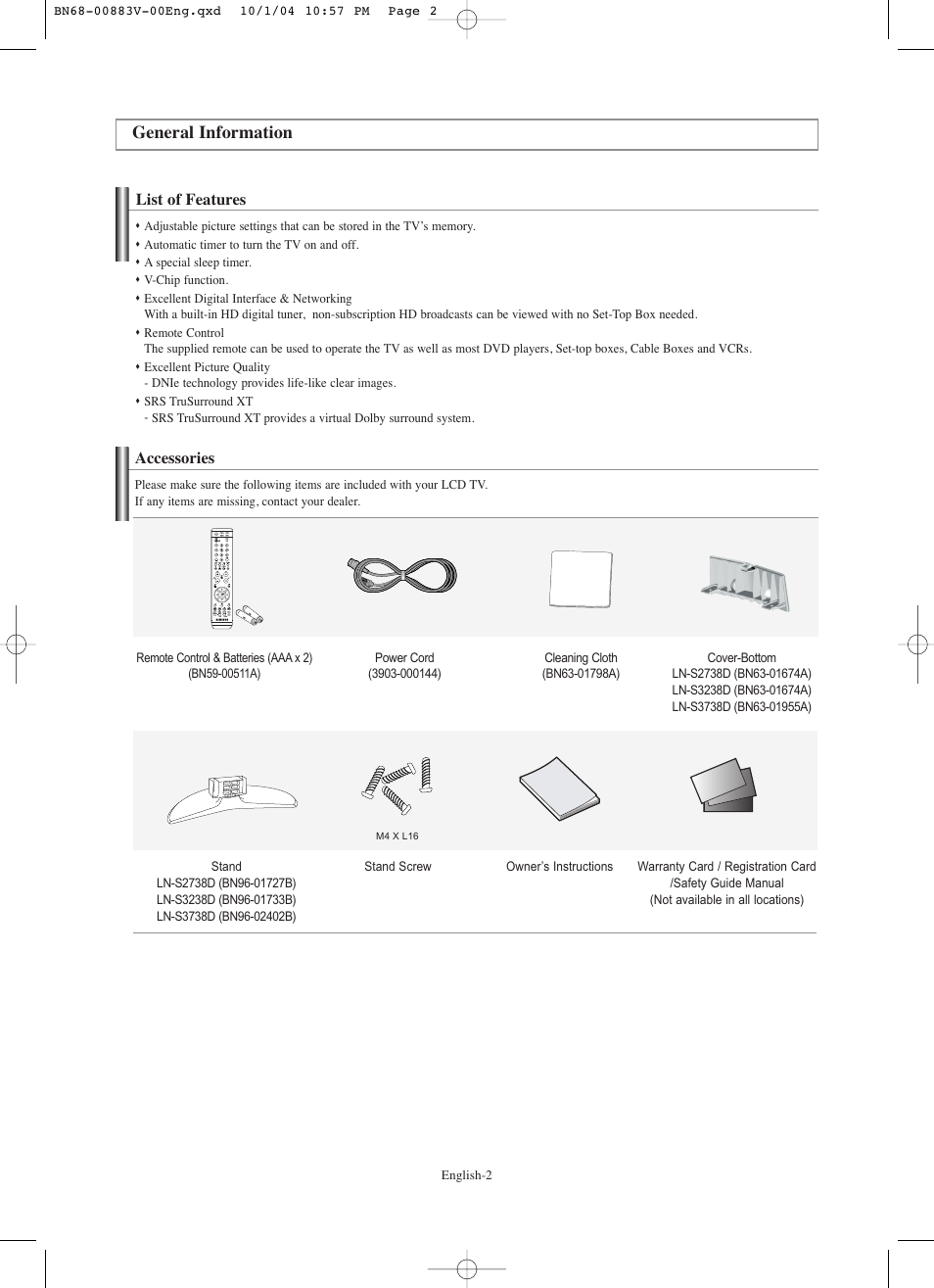 General information, List of features, Accessories | Samsung LNS3238DX-XAA User Manual | Page 4 / 182