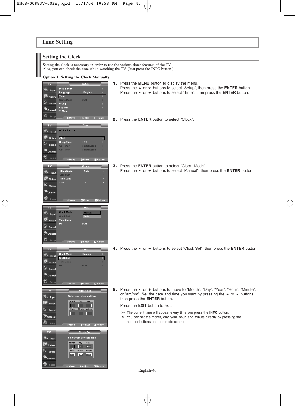 Time setting, Setting the clock | Samsung LNS3238DX-XAA User Manual | Page 42 / 182