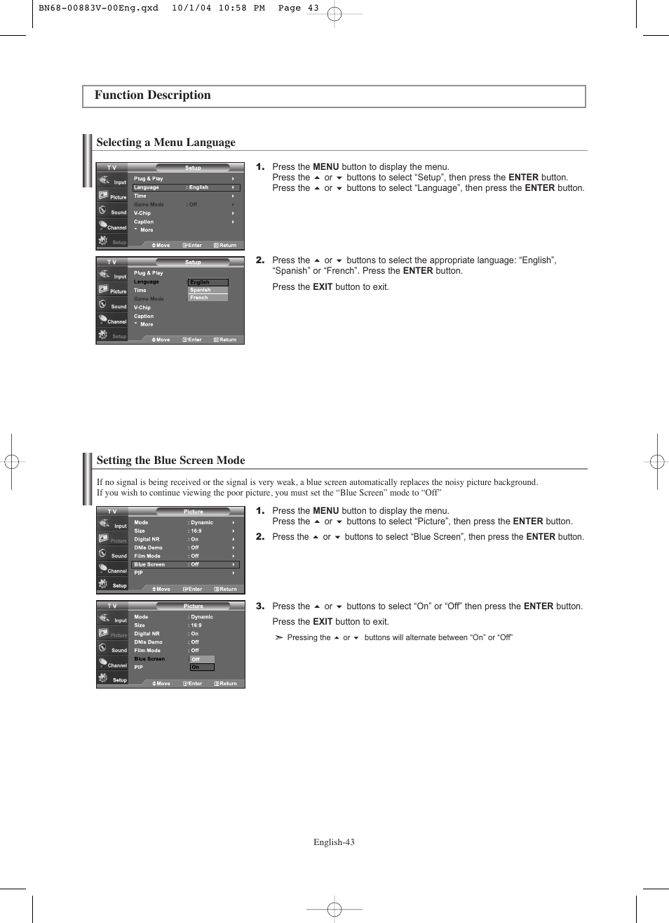 Function description, Selecting a menu language, Setting the blue screen mode | Samsung LNS3238DX-XAA User Manual | Page 45 / 182