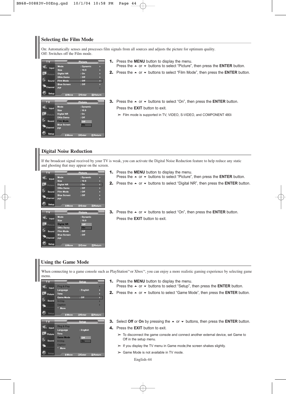 Selecting the film mode, Digital noise reduction, Using the game mode | Samsung LNS3238DX-XAA User Manual | Page 46 / 182